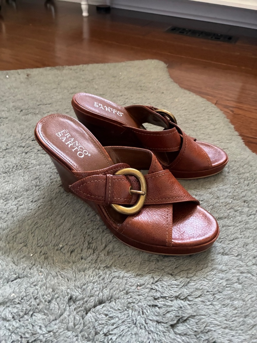Franco Sarto Brown Leather Wedge Mules with Brass Buckle